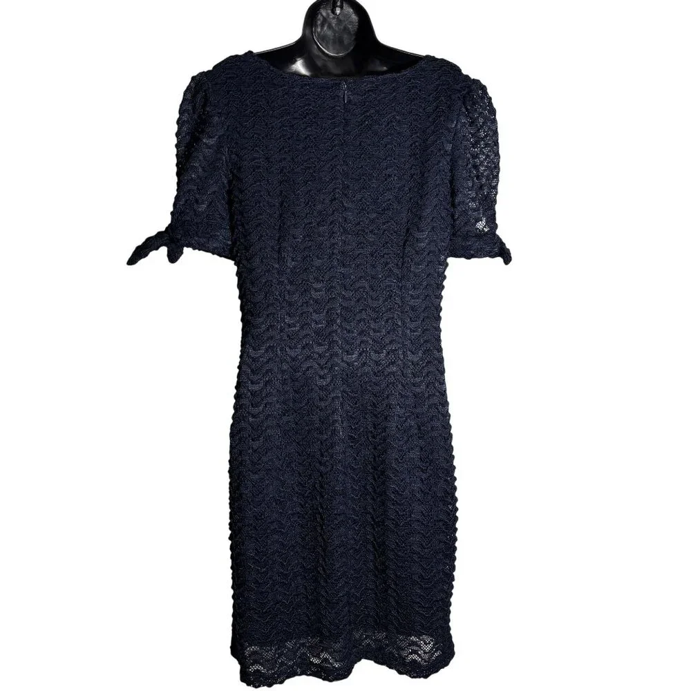 Navy/Black Lace Short Sleeve Dress By Sharagano With Bow Accents - Picture 2 of 9